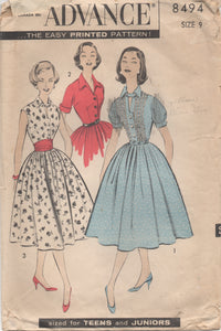 1950's Advance Fit and Flare Pleated Skirt Dress with Tab Accent pattern - Bust 30.5" - No. 8494
