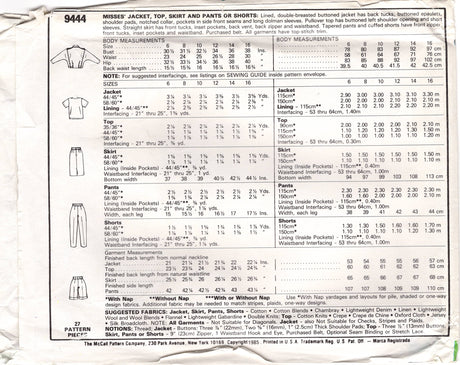 1980's McCall's Jacket, Top, Straight Skirt, High Waisted pants or shorts pattern - Bust 31.5" - No. 9444