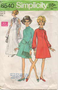 1960's Simplicity Maxi or Mini Dress with Slit up to High Collar - Bust 34" - No. 8540