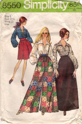 1960's Simplicity Palazzo Pants, Maxi Skirt and Button up Blouse with full sleeves - Bust 31.5" - No. 8550