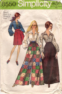 1960's Simplicity Palazzo Pants, Maxi Skirt and Button up Blouse with full sleeves - Bust 31.5" - No. 8550