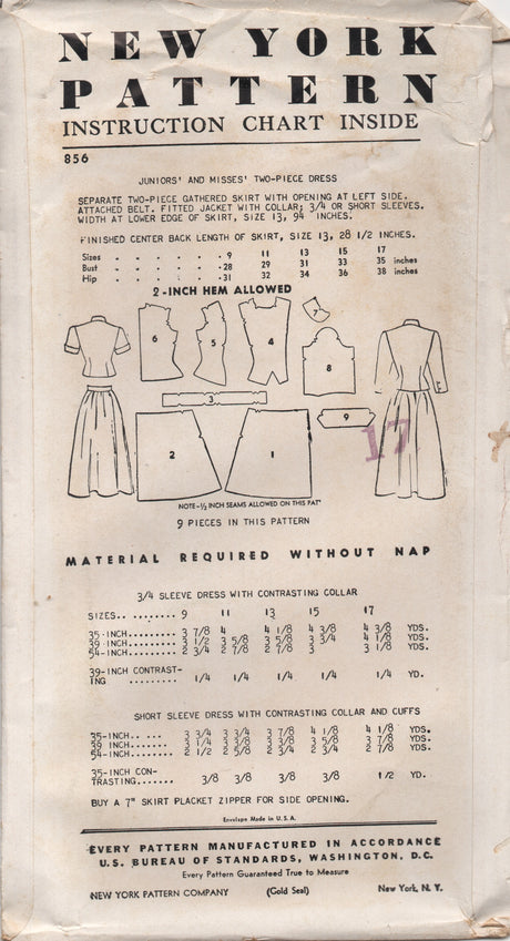 1950's New York Two Piece Dress with Jacket with Drop down interest & Gathered Skirt - Bust 29" - No. 856