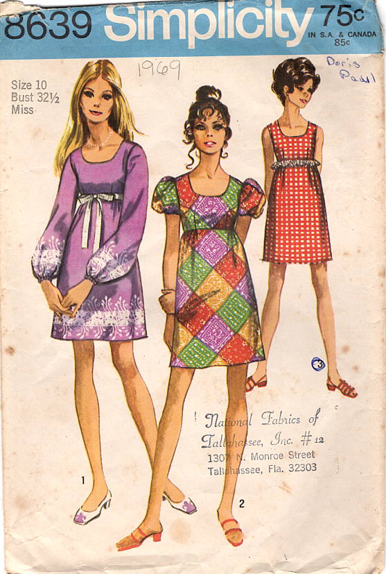 1960's Simplicity Mini Empire Waist Dress Pattern with Puff or Long Sleeves - Bust 32.5"  - no. 8639