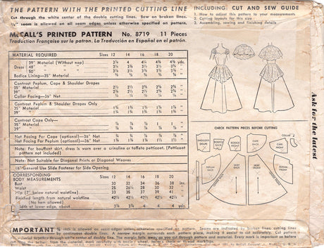 1950's McCall's Evening Gown with Gathered Shoulder Straps, Sweetheart neckline, Peplum and Cape pattern - Bust 32" - No. 8719