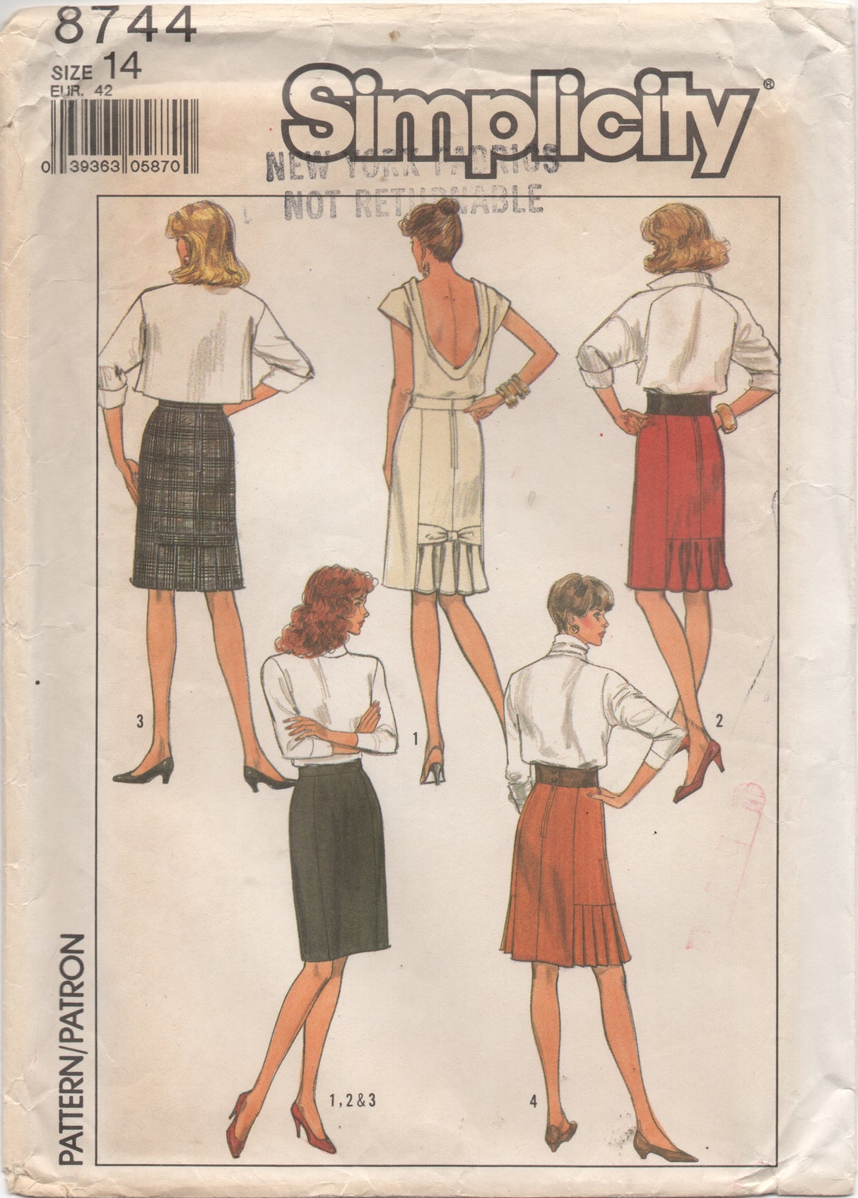 1980's Simplicity Straight Sheath Skirt with back flounce or side pleats - Waist 28" - No. 8744