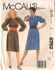 1980's McCall's Sheath Dress with Side Button Bodice closure and Puff Sleeves and Pockets - Bust 32.5" - no. 8762