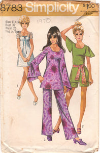 1970's Simplicity Mini Dress with Large Sleeves and Pants or Shorts - Bust 32" - 8783