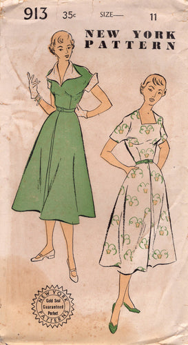 1950's New York One Piece Dress with Large Collar or Square Neckline Pattern - Bust 29