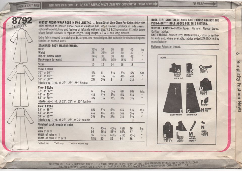 1970's Simplicity Robe with Mandarin Collar or Wrap Front - Bust 40" - No. 8792