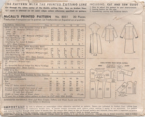 1950's McCall's One Piece Dress with Front or Back button wrap skirt & Jacket - Bust 30" - No. 8851