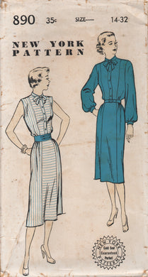 1950's New York One Piece Dress with Two Sleeve options and Slim Bow - Bust 32