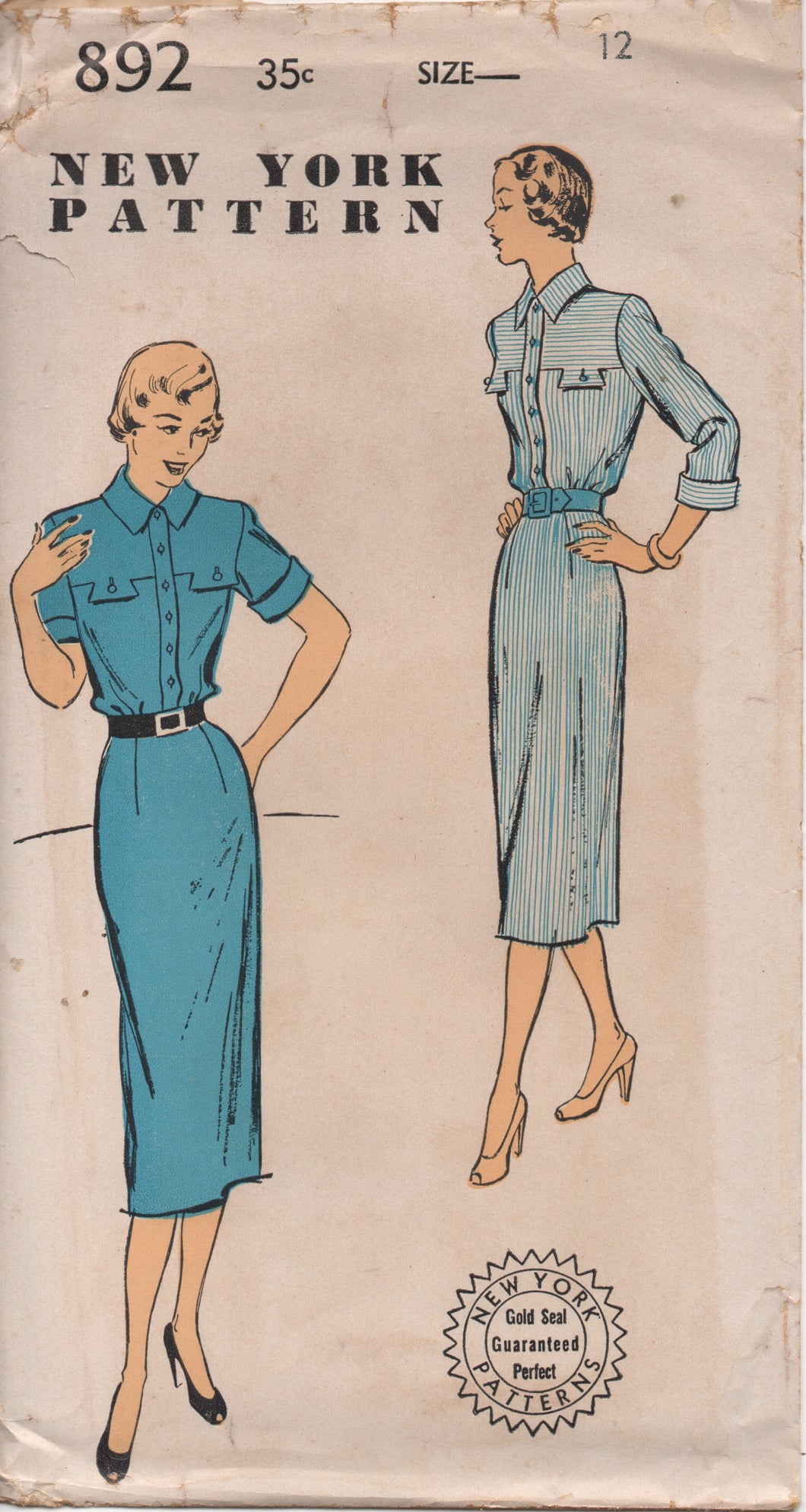 1950's New York One Piece Dress with Tabbed Yoke and Two sleeve lengths - Bust 30