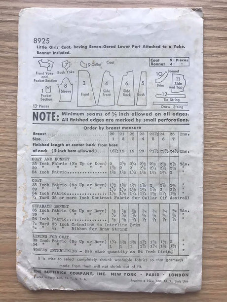 1940’s Butterick Princess line Coat and Bonnet - Chest 21” - No. 8925