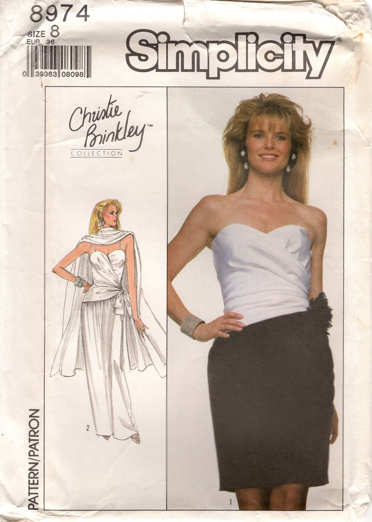 1980's Simplicity Strapless Dress pattern with Surplice Draped bodice and Shawl - Christie Brinkley - Bust 31.5" - No. 8974