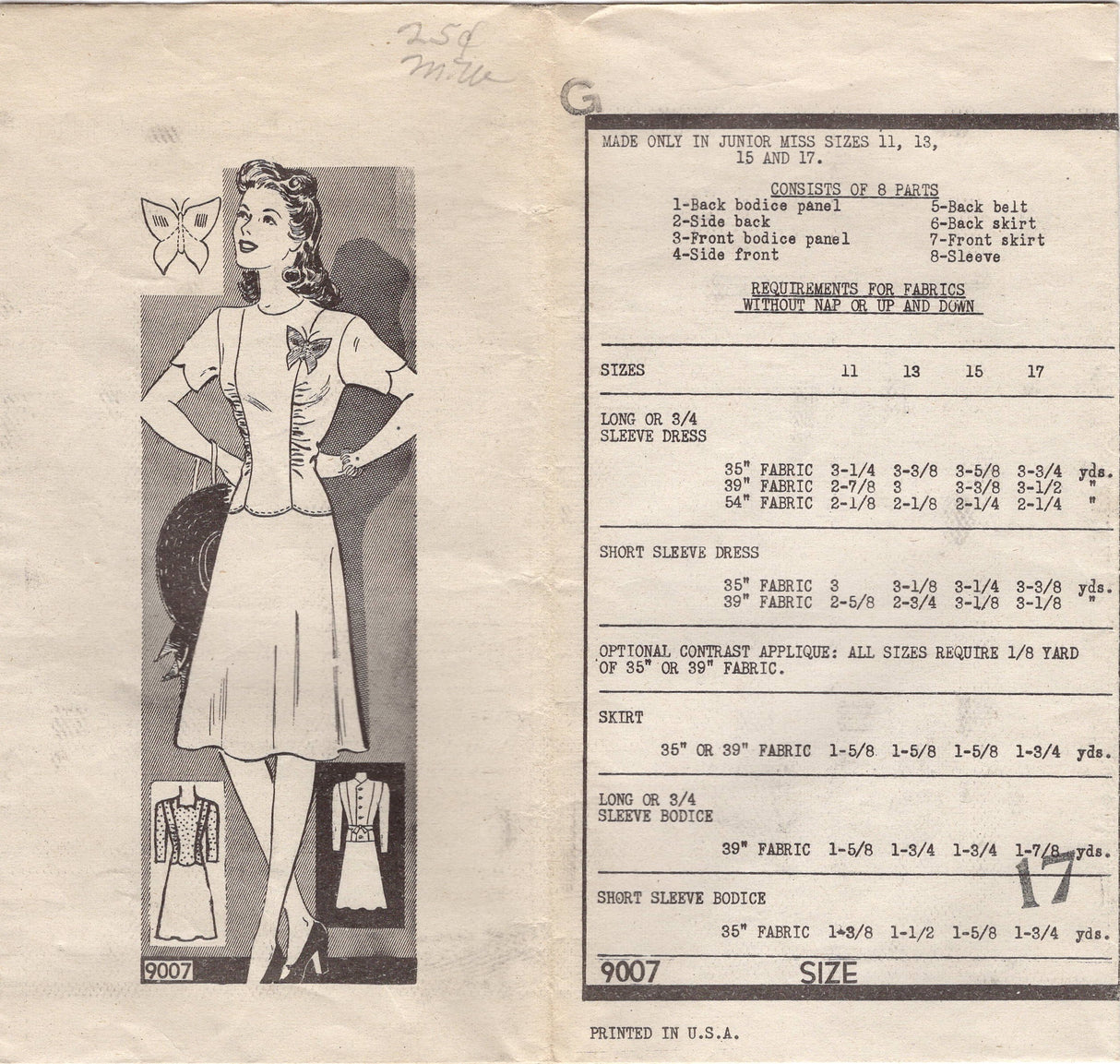 1940's Marian Martin One Piece or Two Piece Dress with Gathered Bodice and A line Skirt - Bust 35" - No. 9007