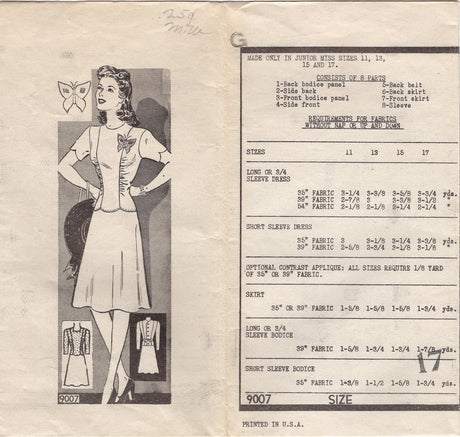 1940's Marian Martin One Piece or Two Piece Dress with Gathered Bodice and A line Skirt - Bust 35" - No. 9007