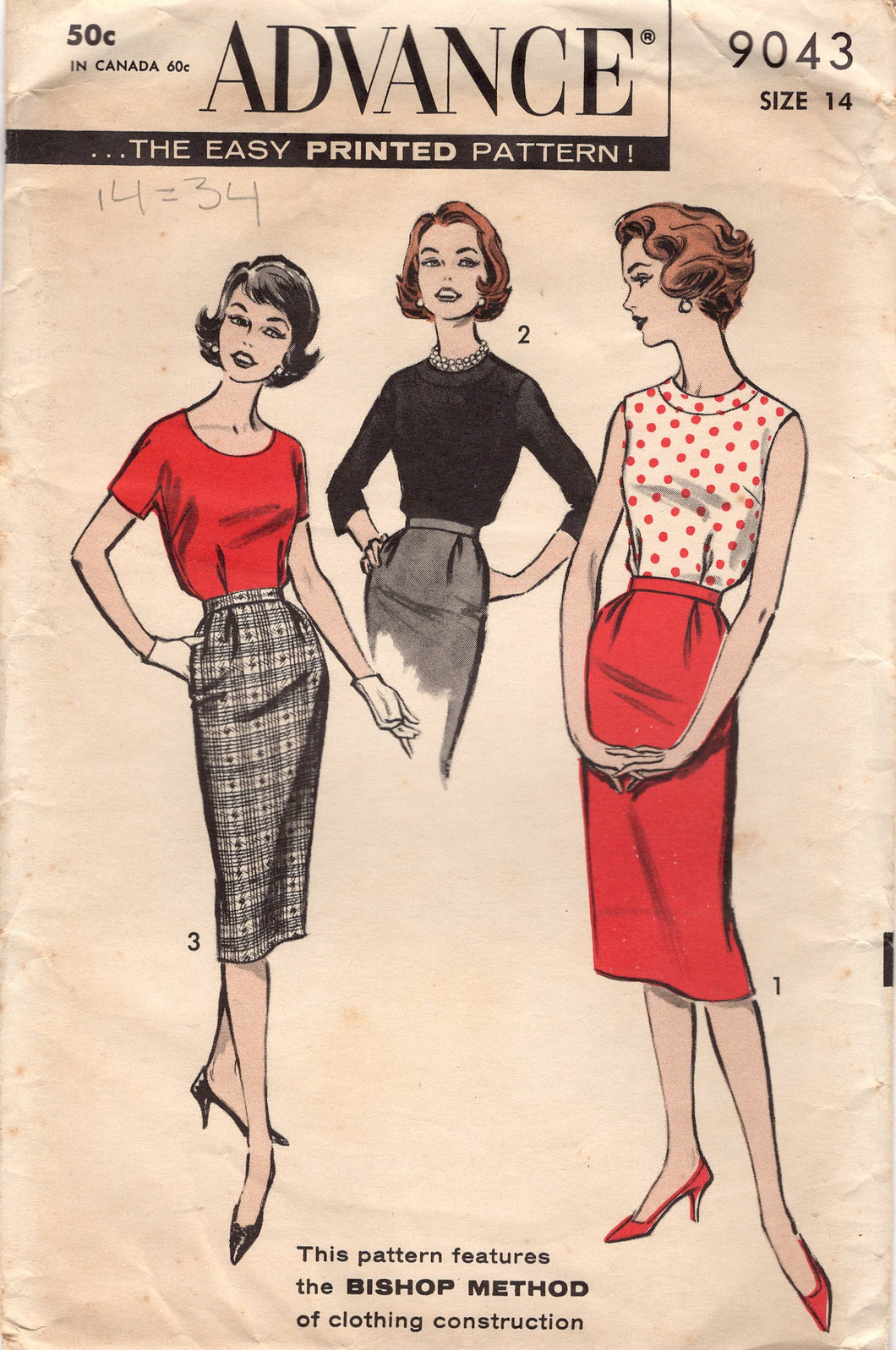 1950's Advance Sleeveless Blouse, Overblouse with Dolman Sleeves and Pencil Skirt with pocket - Bust 34