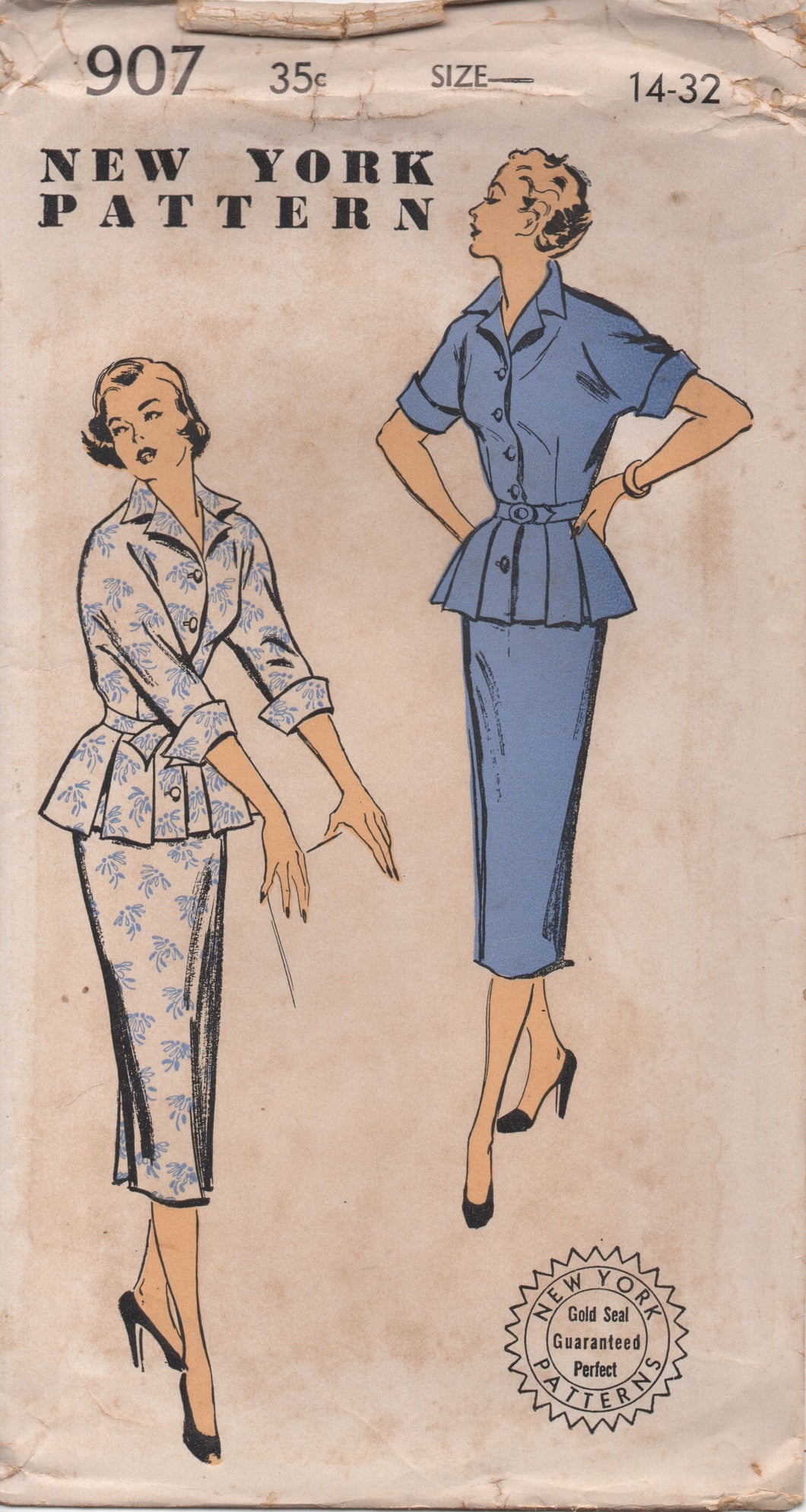 1950's New York Two Piece Dress with Pleated Peplum and Slim Skirt - Bust 32