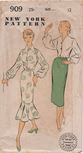 1950's New York Blouse with Large Collar and Mermaid Skirt Pattern - Bust 30" - No. 909