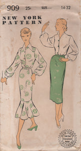1950's New York Blouse with Large Collar and Mermaid Skirt Pattern - Bust 32" - No. 909