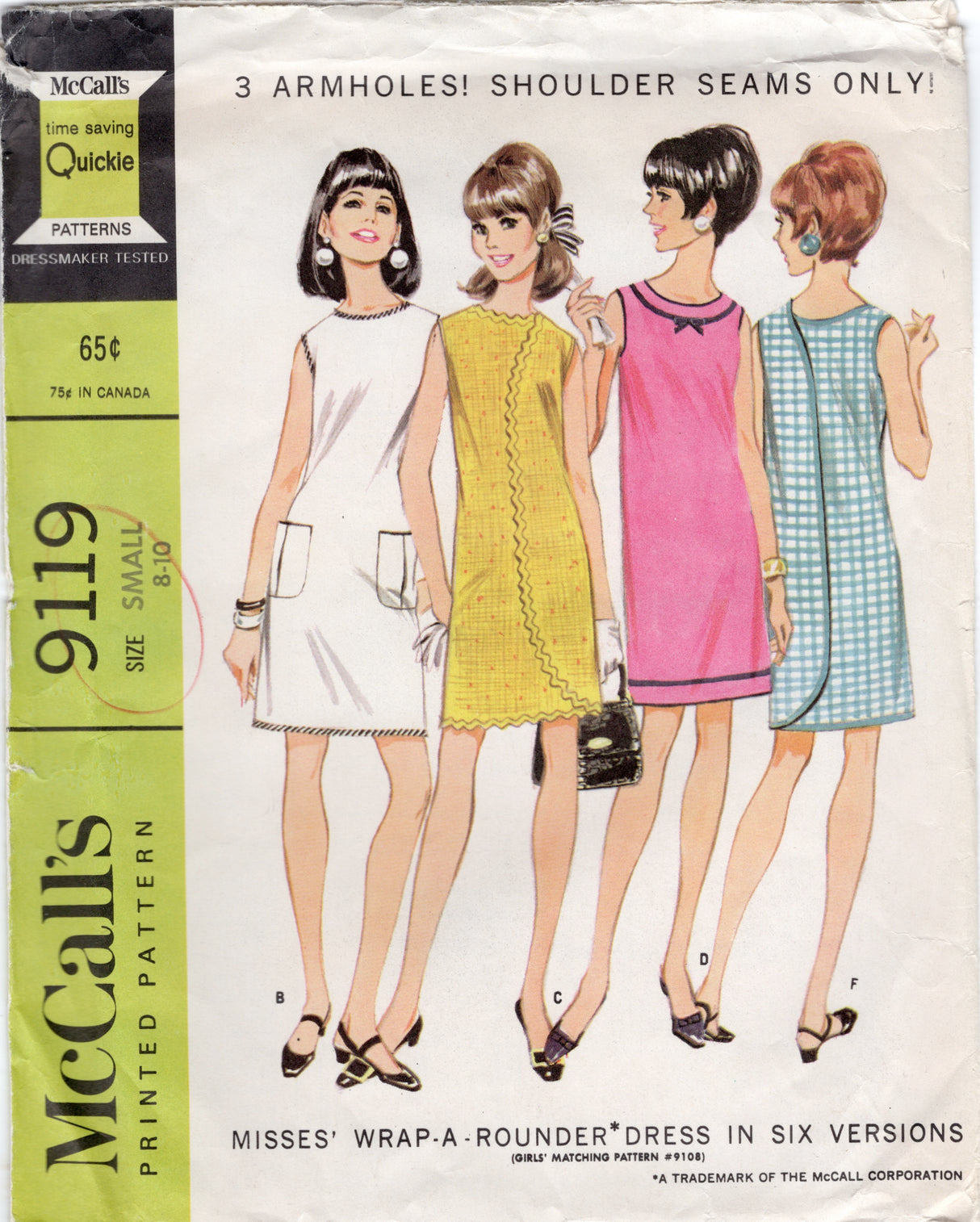 1960's McCall's One-Piece Wrap Dress in Six versions Pattern - Bust 30-31" - No. 9119