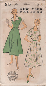 1950's New York One Piece Dress with Large Collar or Square Neckline Pattern - Bust 31" - No. 913