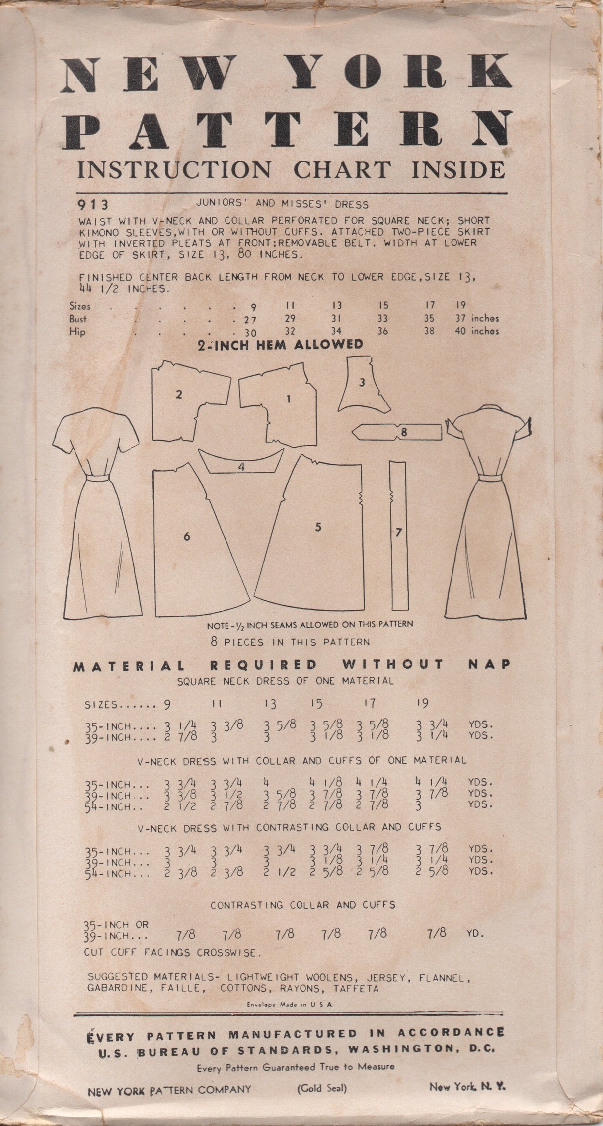 1950's New York One Piece Dress with Large Collar or Square Neckline Pattern - Bust 31" - No. 913