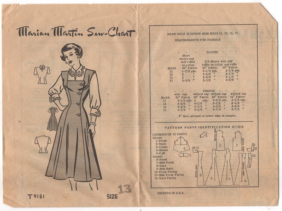 1950's Marian Martin One Piece Jumper and Blouse with Round Tab Collar Pattern - Bust 31