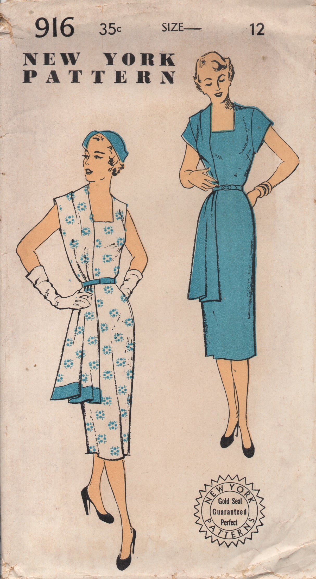 1950's New York One Piece Dress Pattern with Attached Side Drape - Bust 30" - No. 916