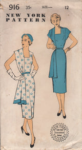 1950's New York One Piece Dress Pattern with Attached Side Drape - Bust 30" - No. 916