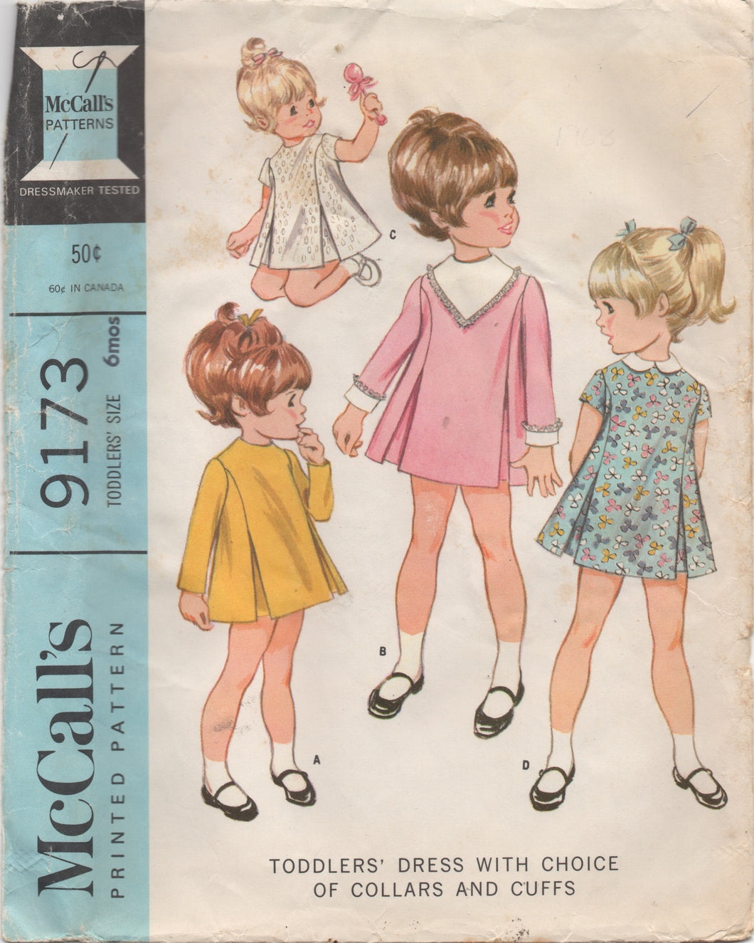 1960's McCall's Toddler Dress with Choice of Collar and Cuffs - Size 6 mo - No. 9173