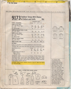 1960's McCall's Toddler Dress with Choice of Collar and Cuffs - Size 6 mo - No. 9173