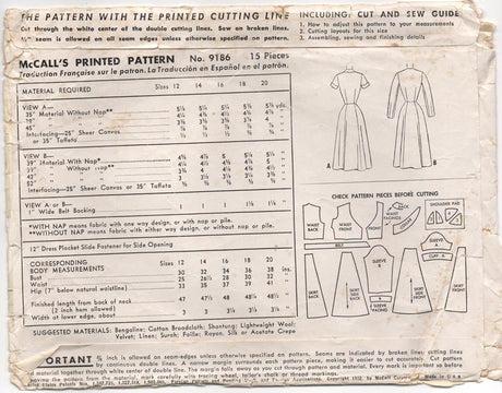 1950's McCall's One Piece Dress with Scallop collar or Notched Neckline - Bust 30" - No. 9186