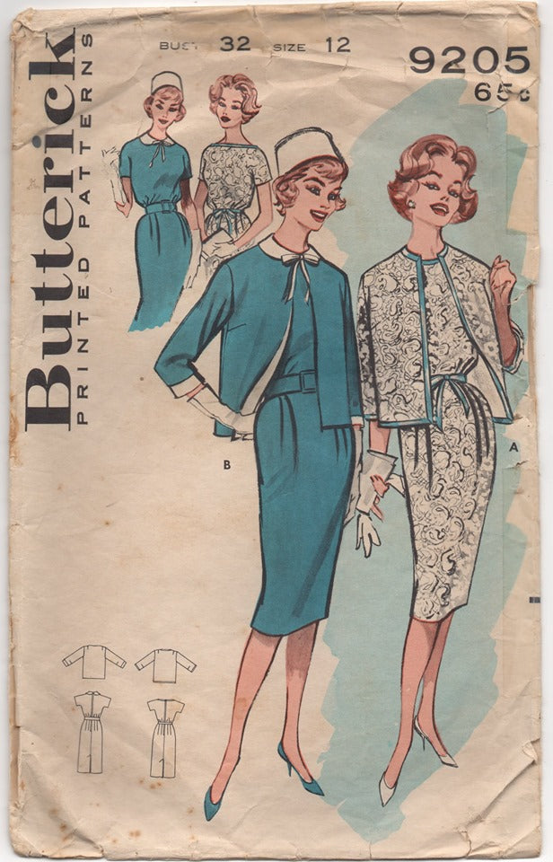 1960's Butterick One Piece Sheath Dress in Two Necklines and Bolero - Bust 32