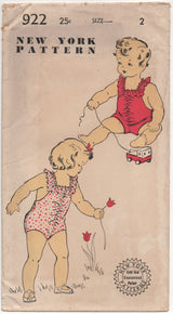 1940's New York Child's Swimsuit with gathered front and ruffle straps - Size 2 - No. 922