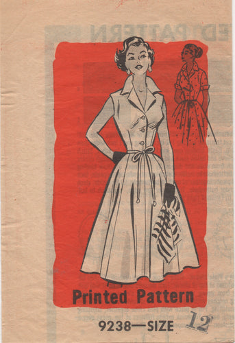 1950's Marian Martin One Piece Shirtwaist Dress with winged collar and short or no sleeves- Bust 32