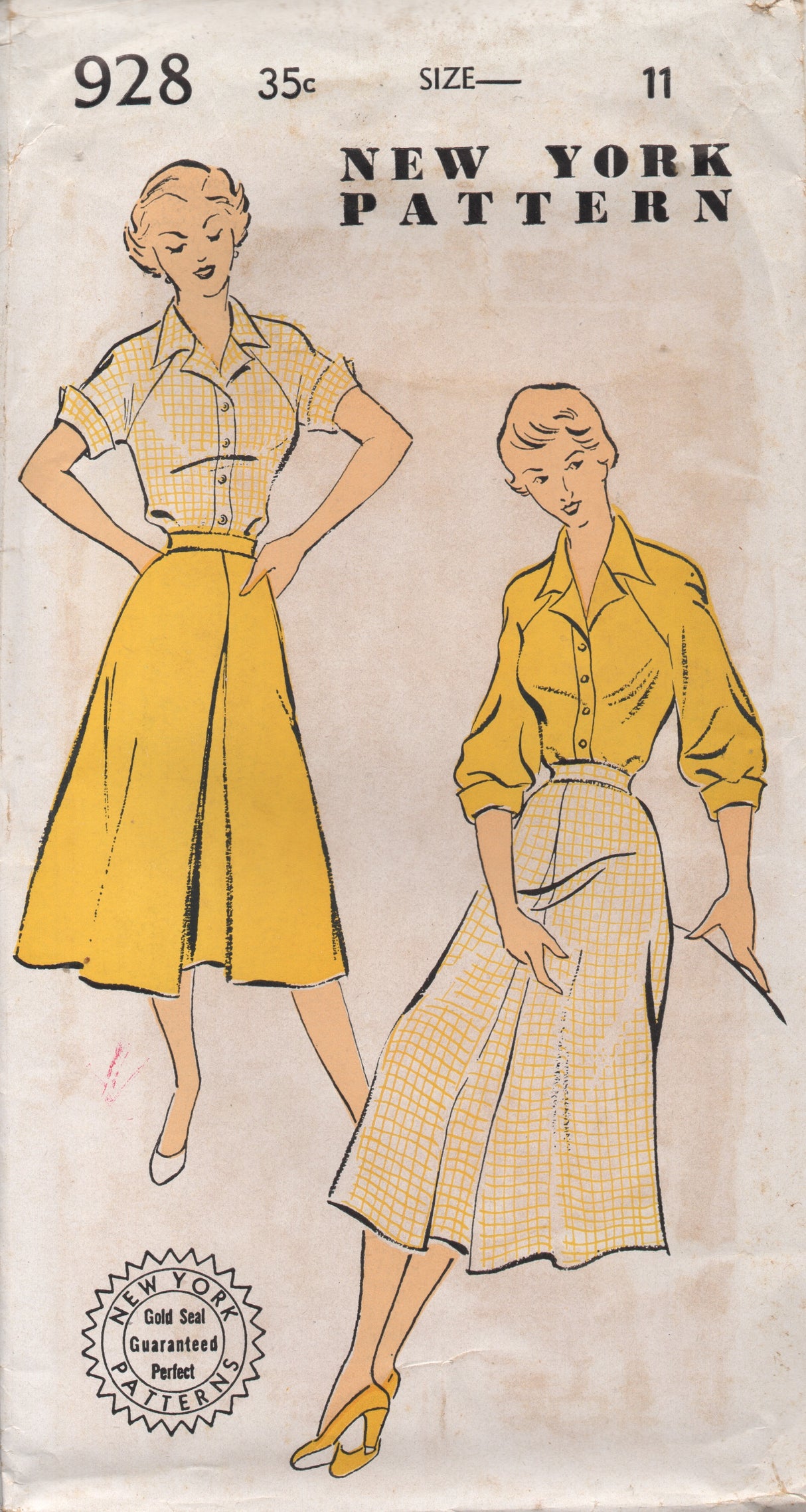 1950's New York Blouse with Raglan Sleeves and Front Kick-Pleat Skirt - Bust 29" - No. 928