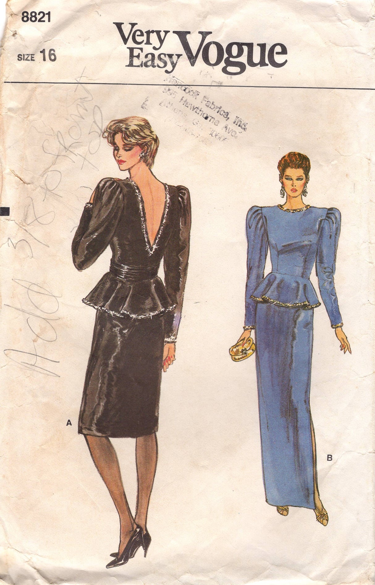 1980's Vogue Two Piece Dress with Deep Back Bodice and Peplum and Sheath Midi or Maxi Skirt Pattern - Bust 38" - No. 8821