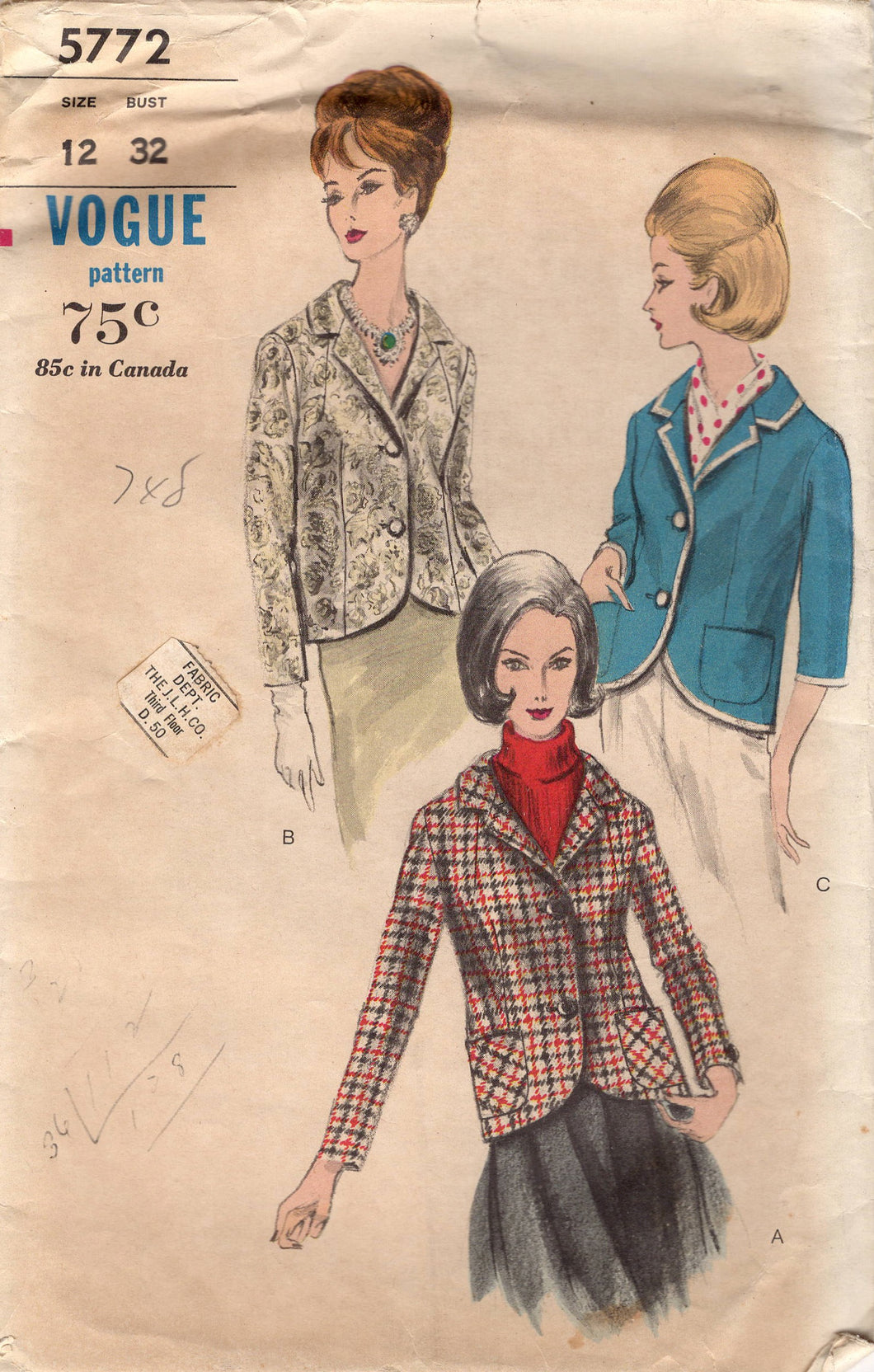 1960's Vogue Jacket with Pockets Pattern - Bust 32