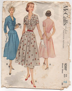 1950's McCall's One Piece Dress with Drop Waist, Draped Front and Tab Accent - Bust 30" - No. 9297
