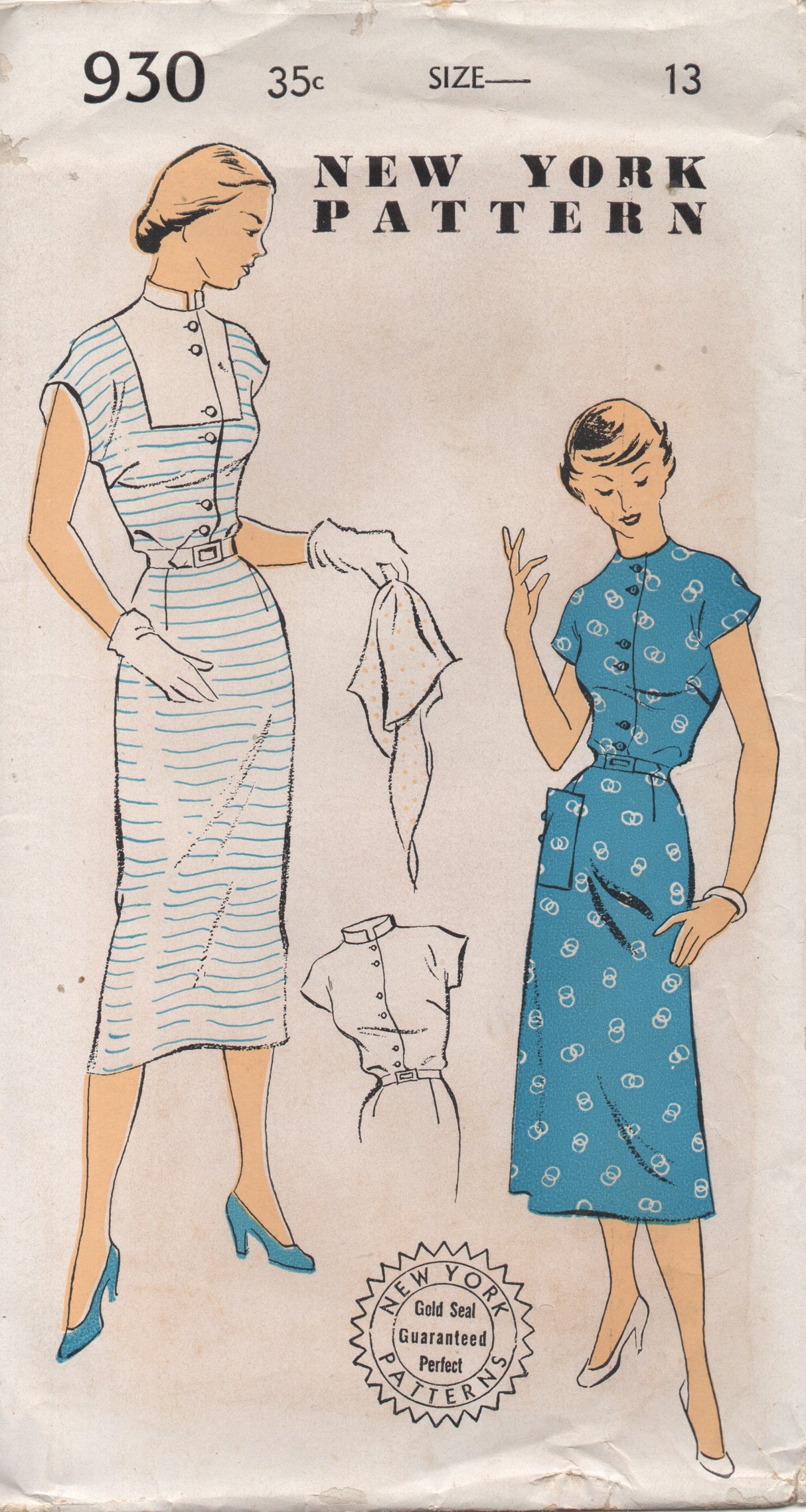 1950's New York One Piece Dress with Mandarin Collar, Vestee and Patch Pocket - Bust 31" - No. 930