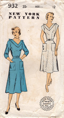 1950's New York One Piece Dress with Wide V Neck and Collar - Bust 30