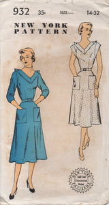 1950's New York One Piece Dress with Wide V Neck and Collar - Bust 32" - No. 932