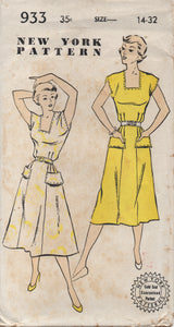 1950's New York One Piece Dress with Large Inset Pocket and Square Neckline - Bust 32" - No. 933