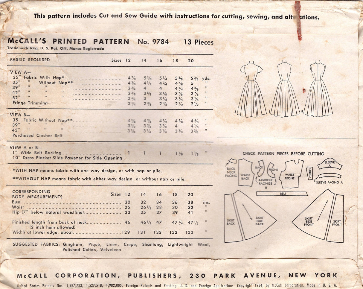 1950's McCall's Fit and Flare Dress with Slit Neckline and Gored Skirt Pattern  - Bust 32" - No. 9784