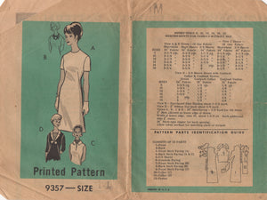 1960's Marian Martin One Piece Dress with Short or 3/4 sleeves Pattern and Two Styles of Collar - Bust 34" - No. 9357