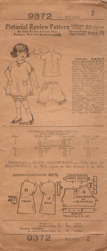 1920's Pictorial Child's Slip-On Dress Pattern and Bloomers - Size 2 - No. 9372