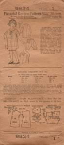 1920's Pictorial Child's Slip-On Dress Pattern and Bloomers - Size 1 - No. 9824