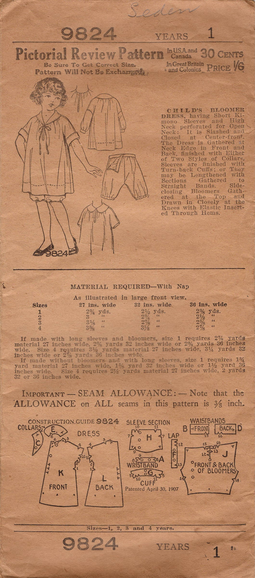 1920's Pictorial Child's Slip-On Dress Pattern and Bloomers - Size 1 - No. 9824
