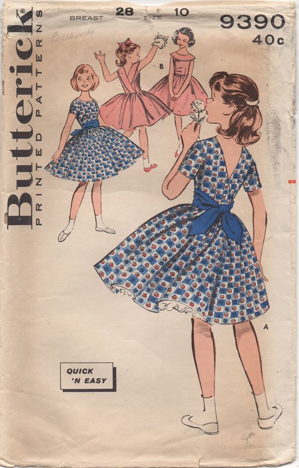 1960's Butterick Child's One Piece Dress with Deep V Back and optional Collar - Chest 28